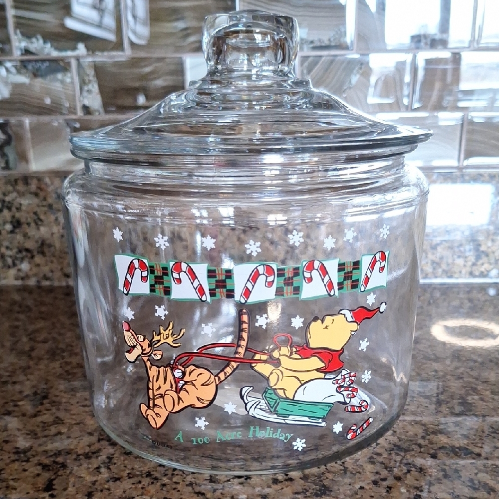 Vintage Disney Winnie the Pooh Anchor Hocking Holiday Glass Jar With Lid